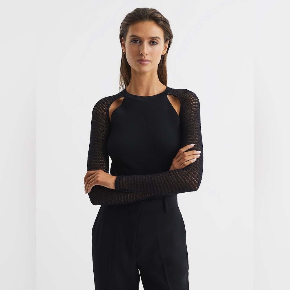 Women's Black Cutout Knit Long-Sleeve Top